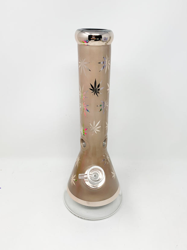 Rose Gold Weed Leaves Beaker Glass Water Pipe/Bong