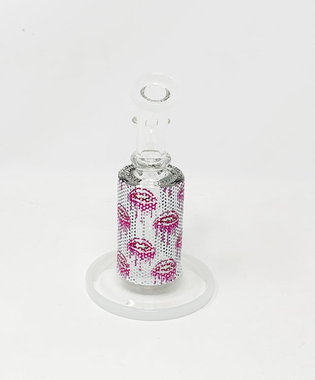 Pink Lips Drip Perforated Vinyl 6.5in Bent Neck Glass Water Hand Pipe/Dab Rig