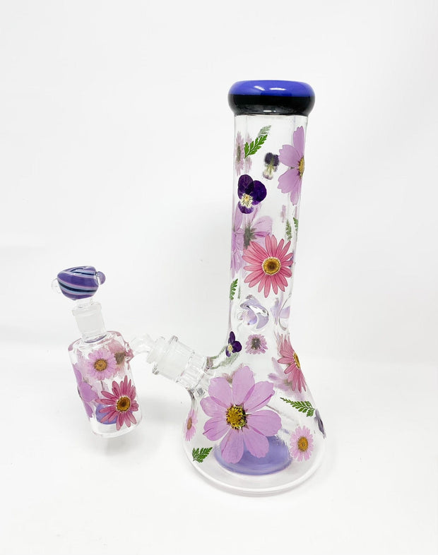 Purple Dried Floral 12in Glass Water Pipe/Bong