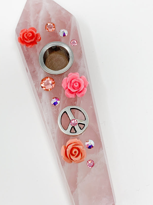 Rose Quartz Crystal Hand Pipe Peace Flowers Swarovski Crystal