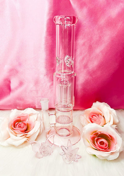 Cute Pink Double Perc Glass Water Pipe/Dab Rig