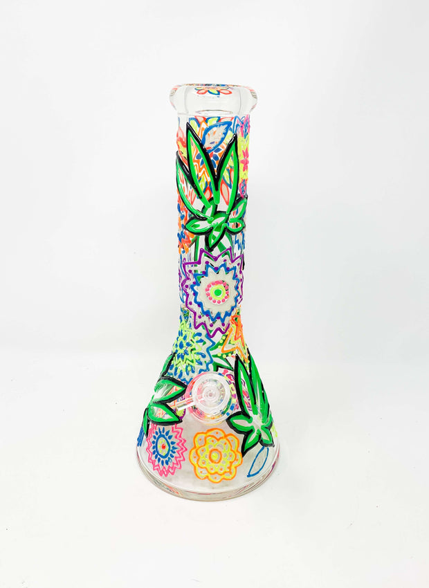 Glow In The Dark Neon Hand Painted Weed Leaves Beaker Glass Water Pipe/Bong