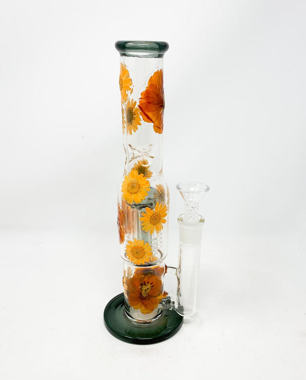 Black Dried Floral Double Perc Glass Water Hand Pipe/Dab Rig