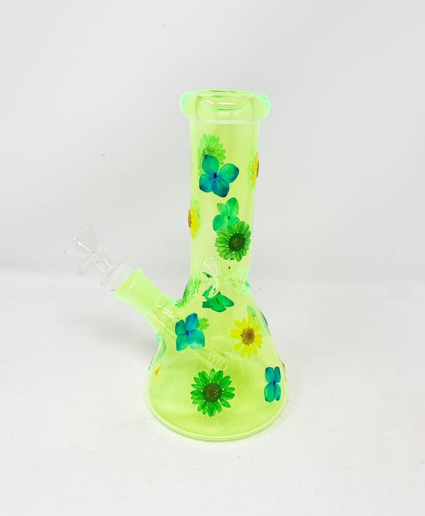 Neon Green UV Dried Floral Glass Water Pipe/Bong