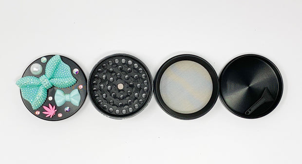 Herb Grinder Teal Bows Weed Leaves Swarovski Crystals Weed Grinder 4 Piece 55mm W/ Cleaning Tool