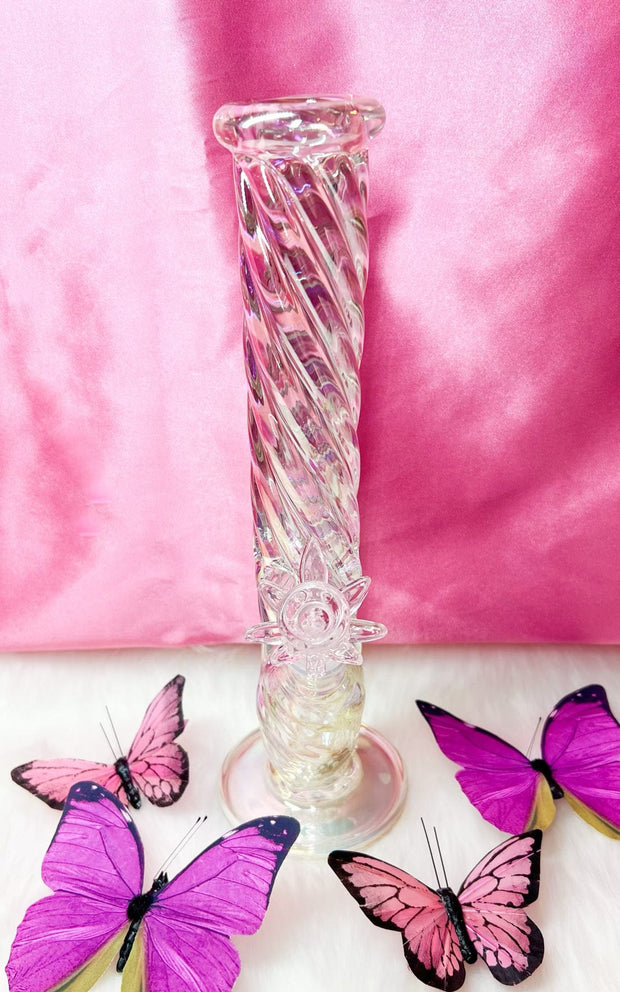 Iridescent Swirl Butterfly Straight Tube Glass Water Pipe/Bong