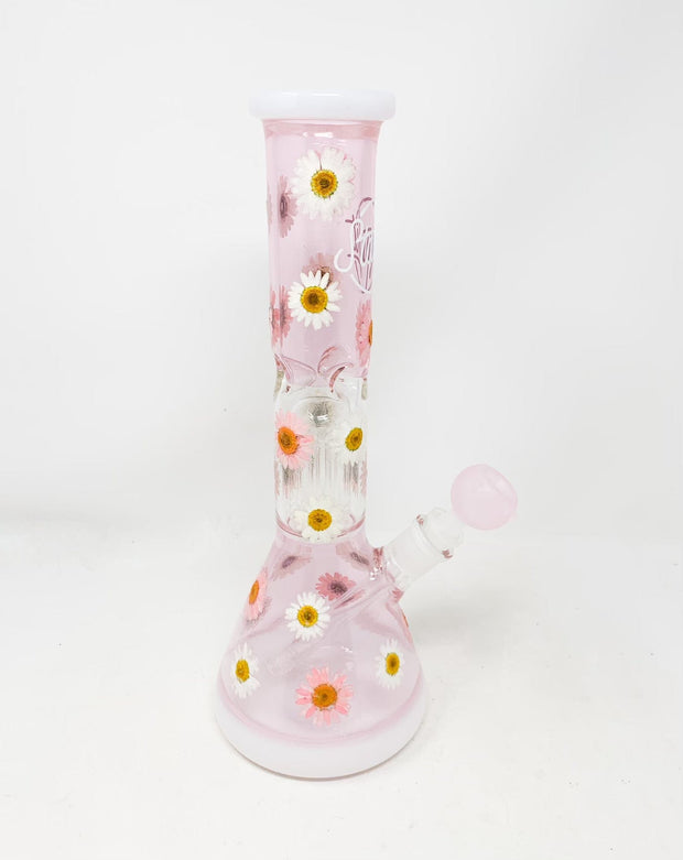 Pink White Daisies Dried Floral 14in Beaker Glass Water Pipe/Bong