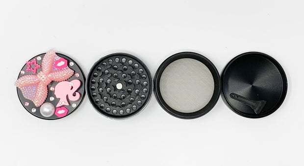 Pink Girly Herb Grinder Crystal Spice Grinder 4 Piece 55mm W/ Cleaning Tool