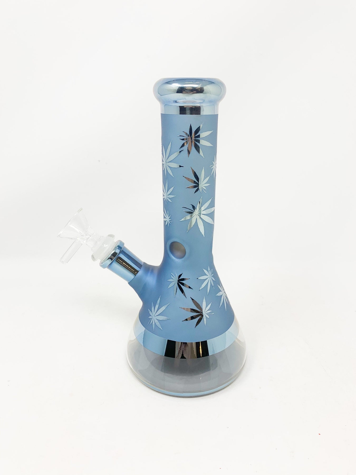 Colorful 8 Glass Beaker Bong featuring Marijuana Leaf Design & Downst
