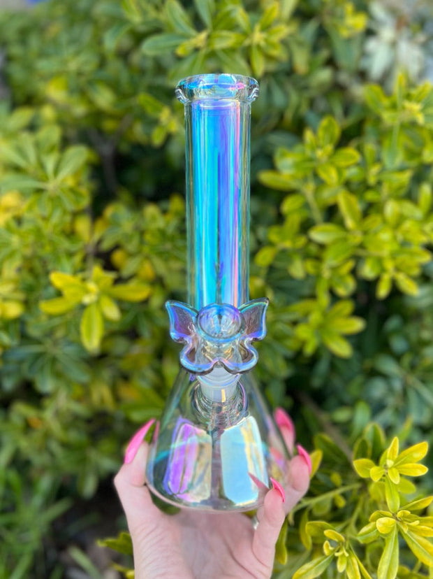Iridescent Butterfly 10in Glass Water Pipe/Bong