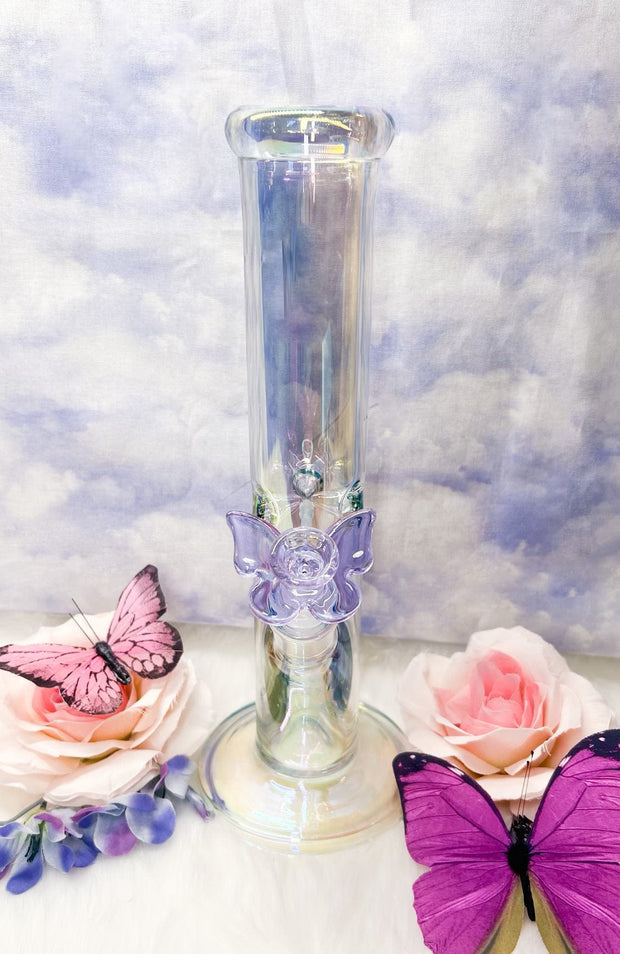 Iridescent Butterfly 8in Glass Water Pipe/Bong