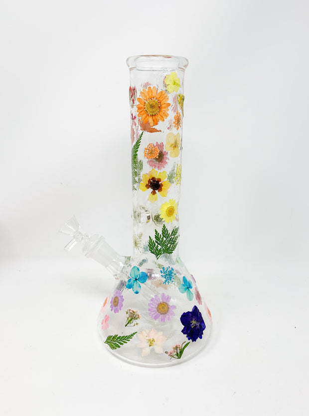 Rainbow Dried Floral 12 In Beaker Glass Water Pipe/Bong