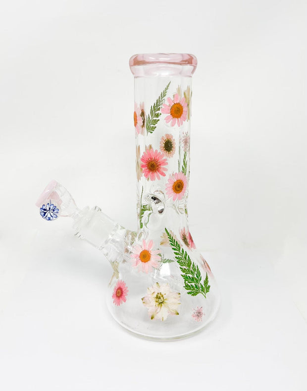 Pink Dried Floral 10in Glass Water Pipe/Bong