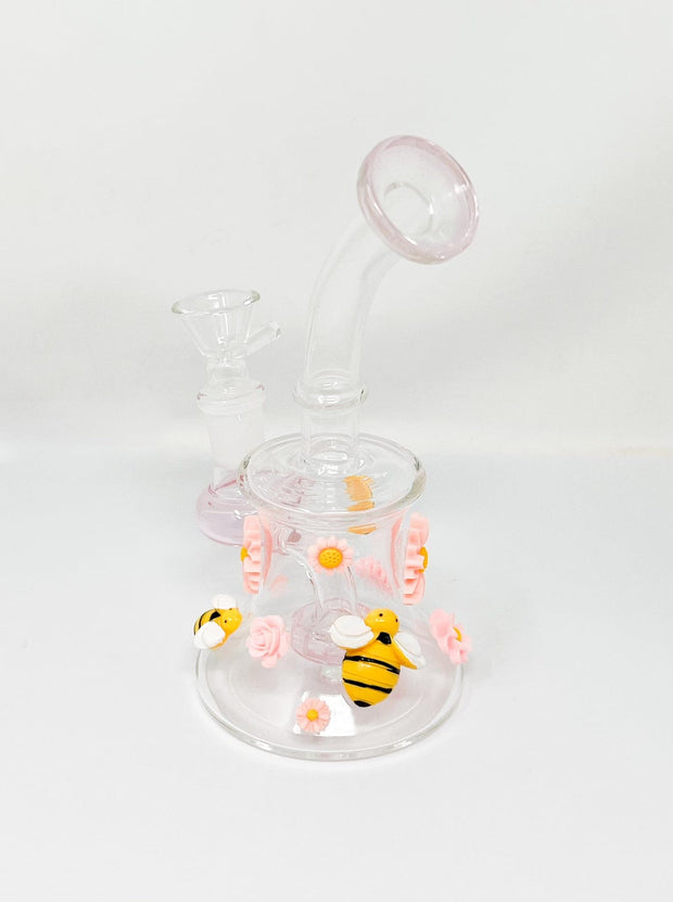 Bee’s and Daisies 6in Glass Water Pipe/Dab Rig