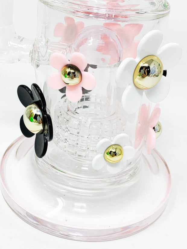 Pink Daisy Flowers 9in Bent Neck Glass Water Hand Pipe/Dab Rig