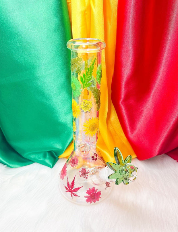 Rasta Iridescent Dried Floral Glass Water Pipe/Bong