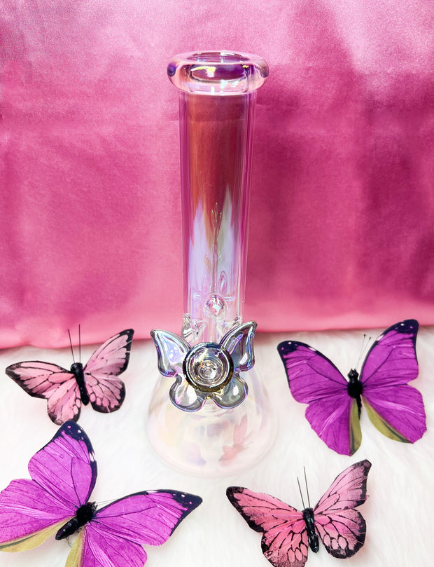 Iridescent Butterfly 8in Glass Water Pipe/Bong