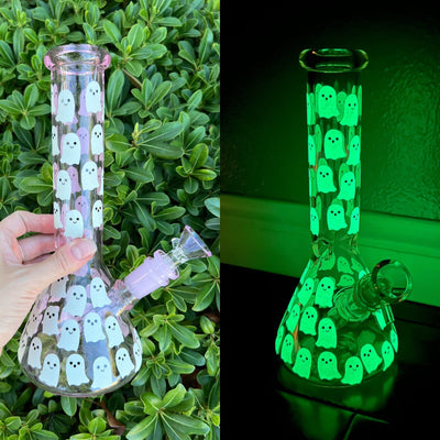 Glow In The Dark Ghosts Pink Glass Water Pipe/Bong