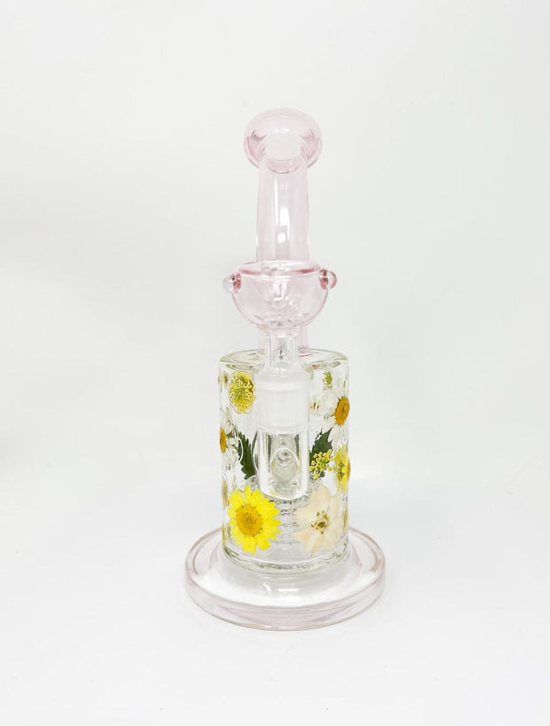 Pink StayLit Dried Flowers 9in Bent Neck Glass Water Hand Pipe/Dab Rig