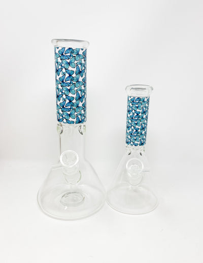 Blue Butterflies Beaker Glass Water Pipe/Bong