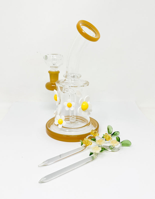 Retro Daisies Yellow 8in Glass Water Pipe/Dab Rig