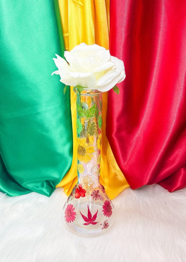 Rasta Iridescent Dried Floral Glass Water Pipe/Bong