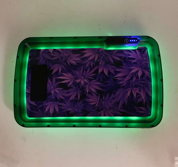 Purple Cannabis Leaves LED Rolling Tray Featuring 7 Colors and Party Mode