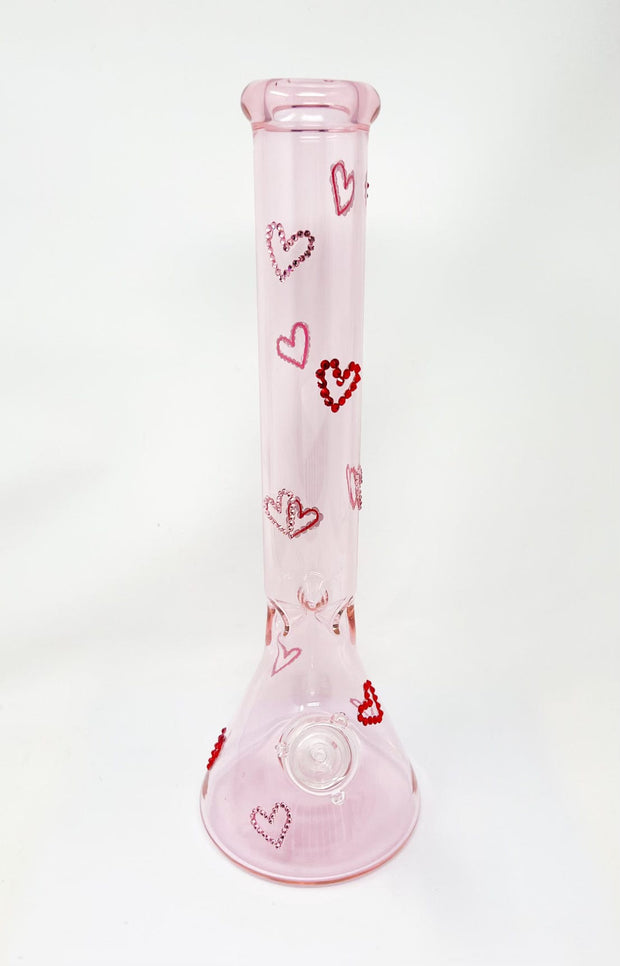 Pretty In Pink Red Crystal Hearts 16in Glass Water Pipe/Bong