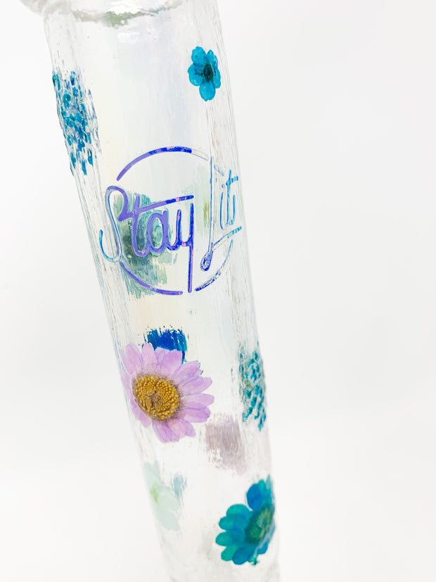 Iridescent Purple and Blue Flowers 8in Beaker Glass Water Pipe/Bong