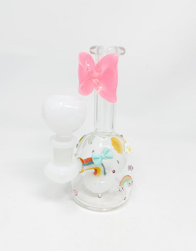 6.5in Pink Rainbow Cloud Rhinestone Bow Glass Hand Pipe/Bong/Dab Rig