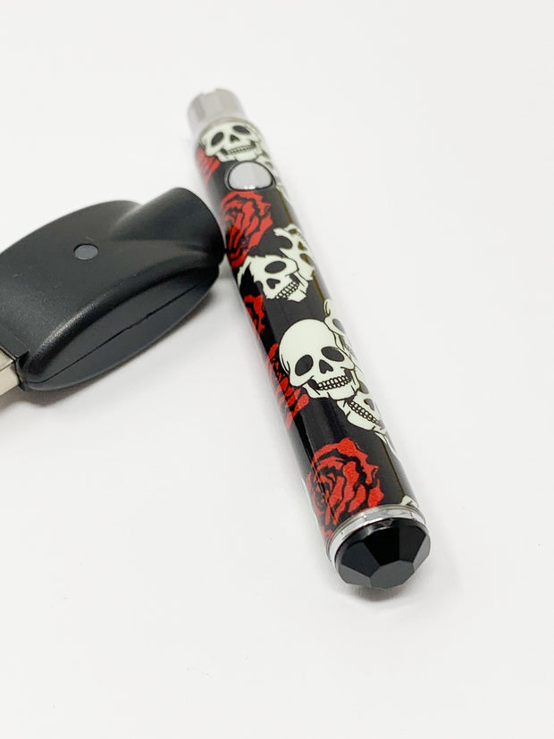 510 Threaded Battery Skull and Roses Black Rhinestone Bottom Starter Kit