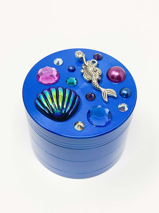 Blue Herb Grinder Mermaid Shell Swarovski Crystal 4 Piece 55mm W/ Cleaning Tool