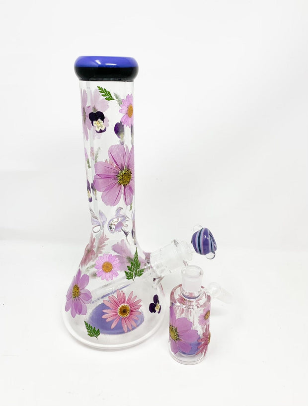 Purple Dried Floral 12in Glass Water Pipe/Bong