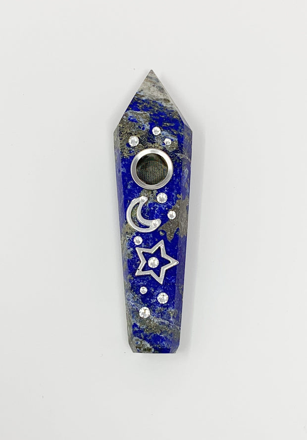 Lapis Lazuli Crystal Hand Pipe Moon and Star Swarovski