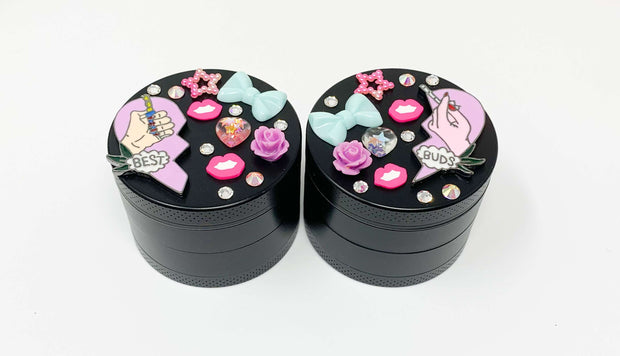 Best Buds Crystal Herb Grinder Custom Black Spice Grinder 4 Piece 55mm W/ Cleaning Tool