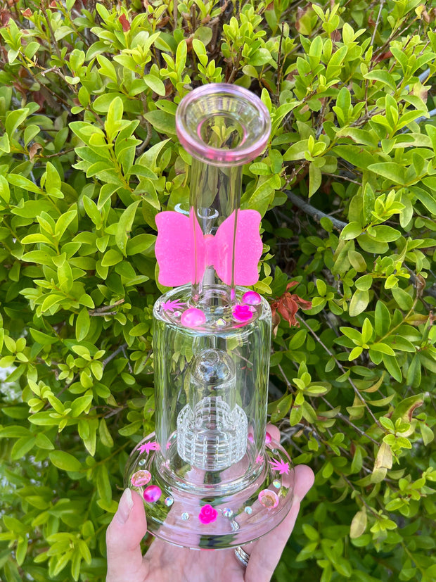 Pink StayLit Pink Bow Swarovski Crystal Pearls 8.5in Bent Neck Glass Water Hand Pipe/Dab Rig