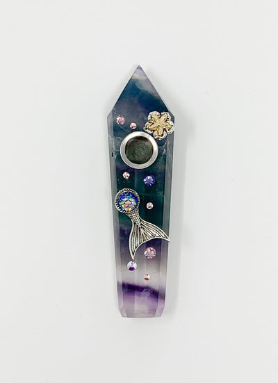 Rainbow Fluorite Crystal Hand Pipe Mermaid Starfish