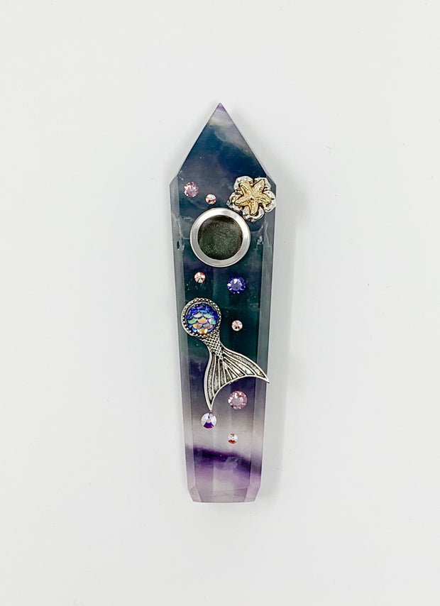 Rainbow Fluorite Crystal Hand Pipe Mermaid Starfish