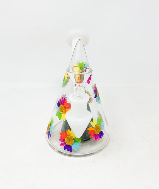 Rainbow Daisy Dried Floral Pyramid Honeycomb Perc Glass Water Hand Pipe/Dab Rig