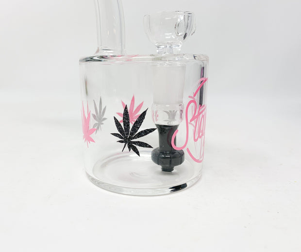 Pink StayLit Glitter Weed Leaves 6in Barrell Glass Water Hand Pipe/Dab Rig