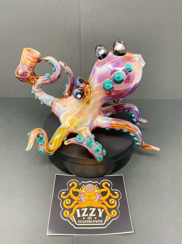 Izzy The Glassblower Amber Purple Octopus Heady Glass Water Pipe/Dab Rig