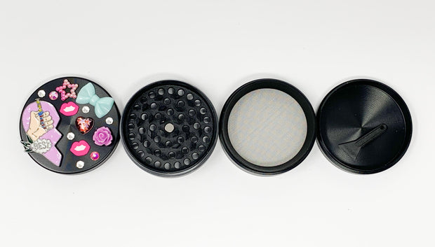 Best Buds Crystal Herb Grinder Custom Black Spice Grinder 4 Piece 55mm W/ Cleaning Tool