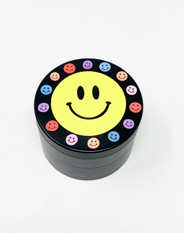 Rainbow Smiley Face Herb Grinder Custom Black Spice Grinder 4 Piece 55mm W/ Cleaning Tool