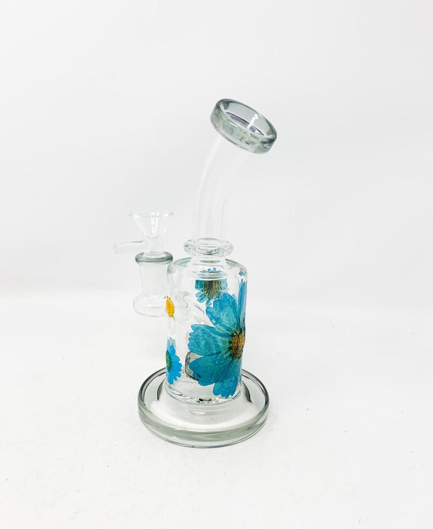 Black Accented Dried Flowers Bent Neck Glass Water Hand Pipe/Dab Rig