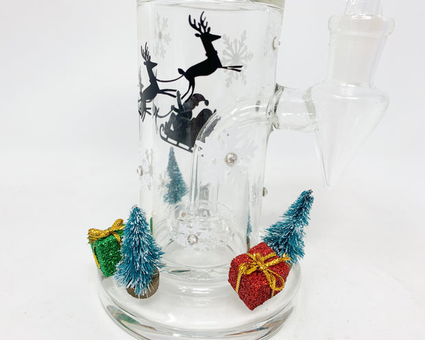 Santa’s Sled Snowflake Christmas 8in Bent Neck Glass Water Hand Pipe/Dab Rig