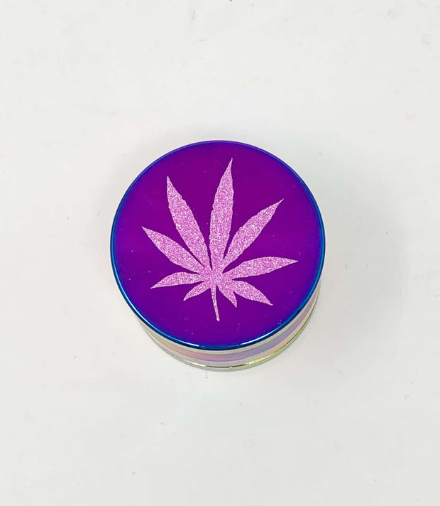 Rainbow Herb Grinder Pink Weed Leaf Glitter Custom 4 Piece 55mm W/ Cleaning Tool