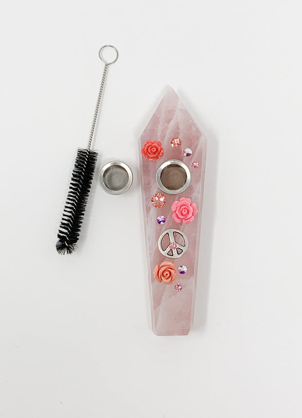 Rose Quartz Crystal Hand Pipe Peace Flowers Swarovski Crystal