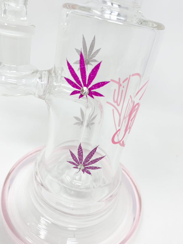 StayLit Pink Glitter Weed Leaf and Crystal 8.5in Bent Neck Glass Water Hand Pipe