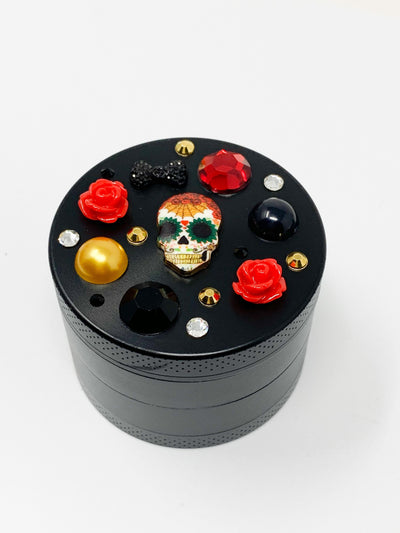 Dia De Los Muertos Roses Herb Grinder Swarovski Crystal Spice Grinder 4 Piece 55mm W/ Cleaning Tool