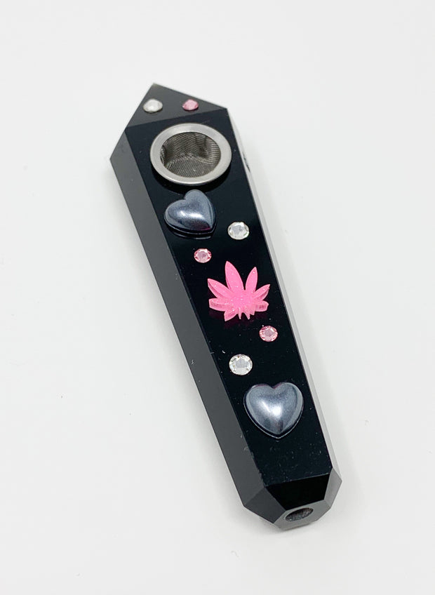Black Obsidian Crystal Hand Pipe Pink Leaf Swarovski
